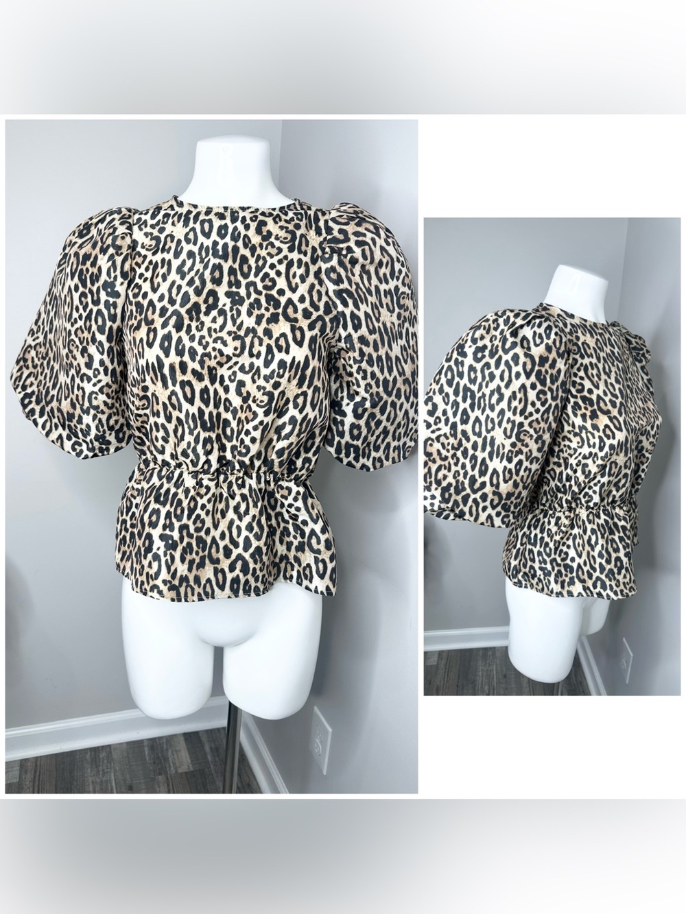 H&M Leopard Print Puff-Sleeve Peplum Top - Beige Black- XS - Picture 4 of 7
